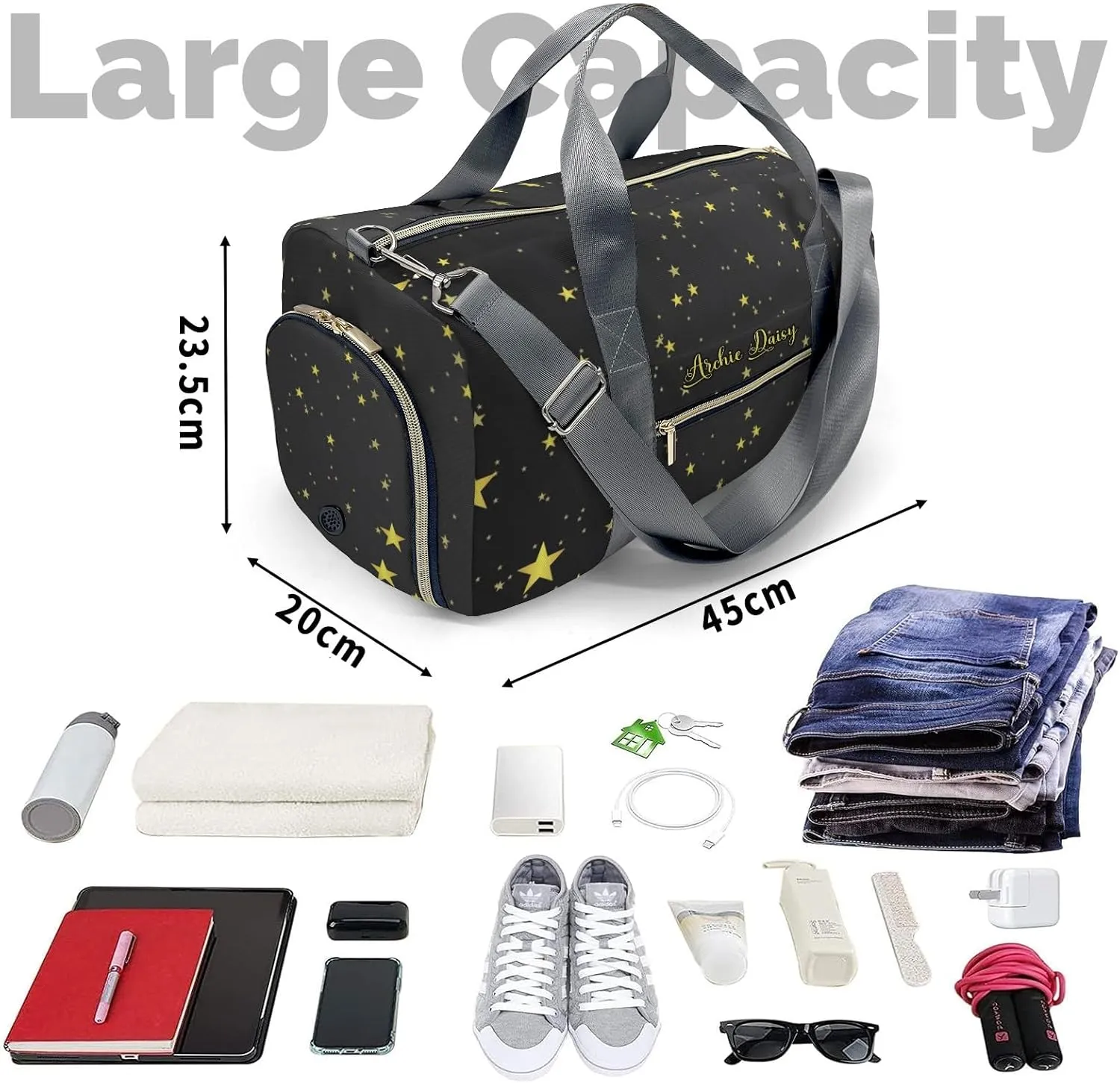 Starry Night Yellow Stars Personalized Duffel Bags Customized Multi-Function Travel Bag Gym Sports Bag Dance Ballet Overnight Carry On Weekend Bag