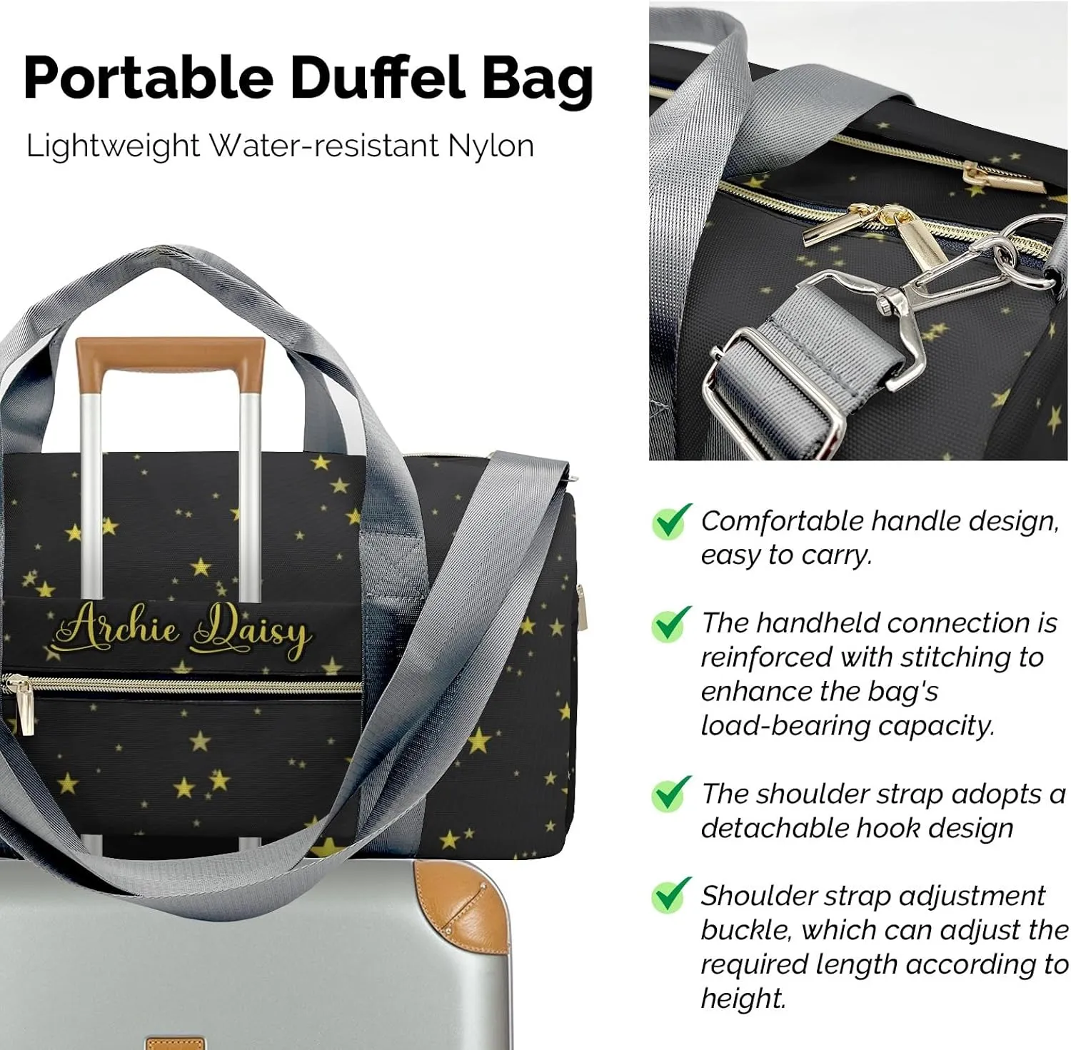 Starry Night Yellow Stars Personalized Duffel Bags Customized Multi-Function Travel Bag Gym Sports Bag Dance Ballet Overnight Carry On Weekend Bag