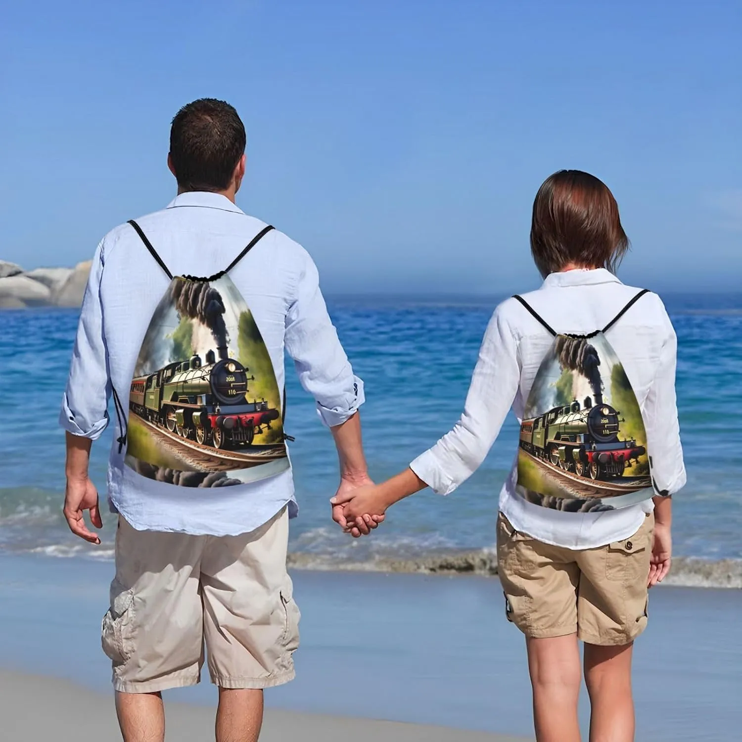 Steam Little Train Print Drawstring Bags Backpack Bag Sport Gym Sack Drawstring Bag Shopping String Bag, Medium