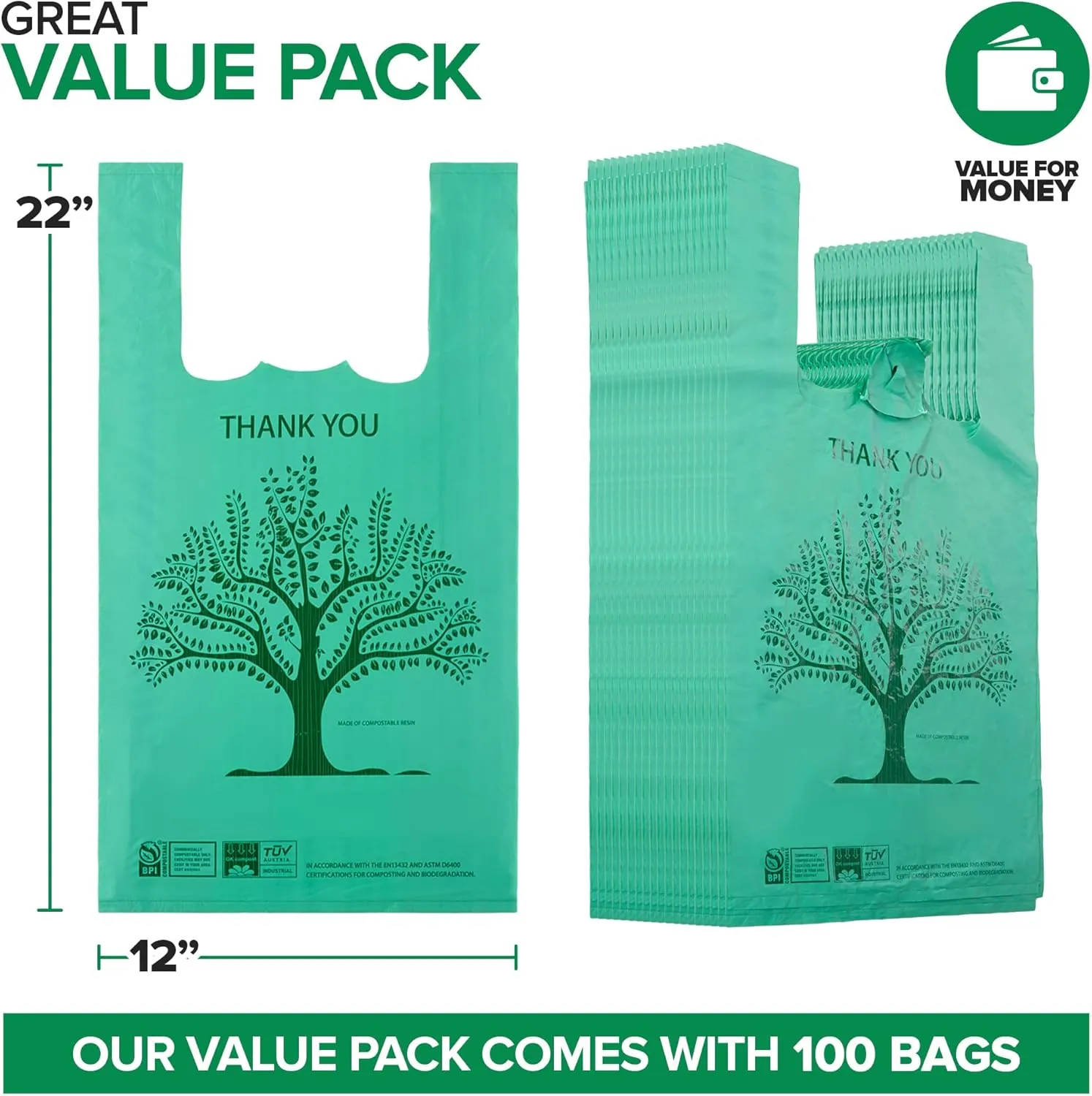 Stock Your Home 100 Pack Thank You Bags Disposable Eco Grocery T-Shirt Bag with Handles for Supermarket, Groceries, Produce, Shopping, Trash, Small Commercially Compostable Baggies Bulk