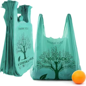 Stock Your Home 100 Pack Thank You Bags Disposable Eco Grocery T-Shirt Bag with Handles for Supermarket, Groceries, Produce, Shopping, Trash, Small Commercially Compostable Baggies Bulk