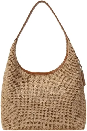 Straw Hobo Handbag Straw Beach Bags for Women Summer Beach Tote Bag Brown Leather Trim, Multiple Interior Compartments