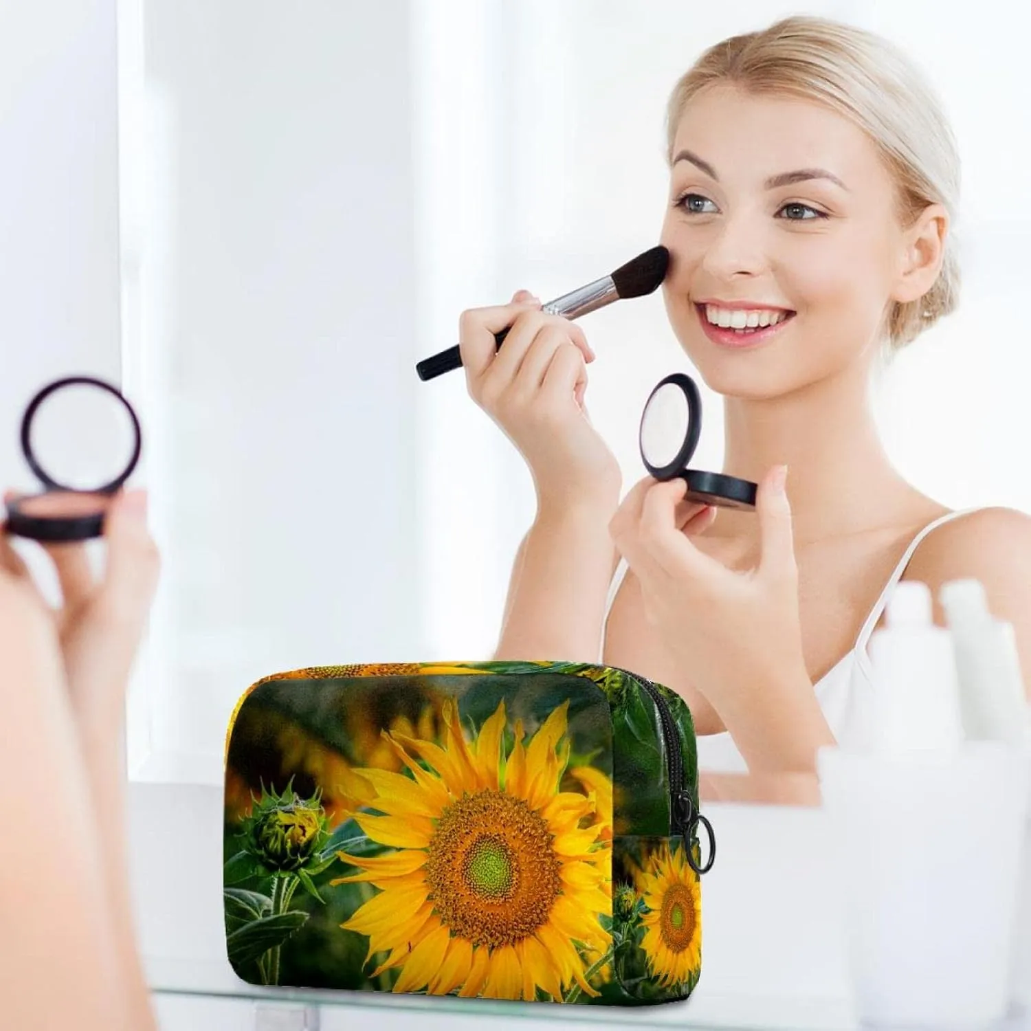 Sunflower Flower Yellow Summer Blossom Bloom Small Makeup Bag for Purse, Portable Cosmetic Bag Zipper Makeup Pouch for Women, Stationery, Toiletries, Travel Accessories