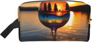 Sunset Wine Glass Print Storage Bags Travel Cosmetic Organizer Bag Large Capacity Zippered Storage Pouch