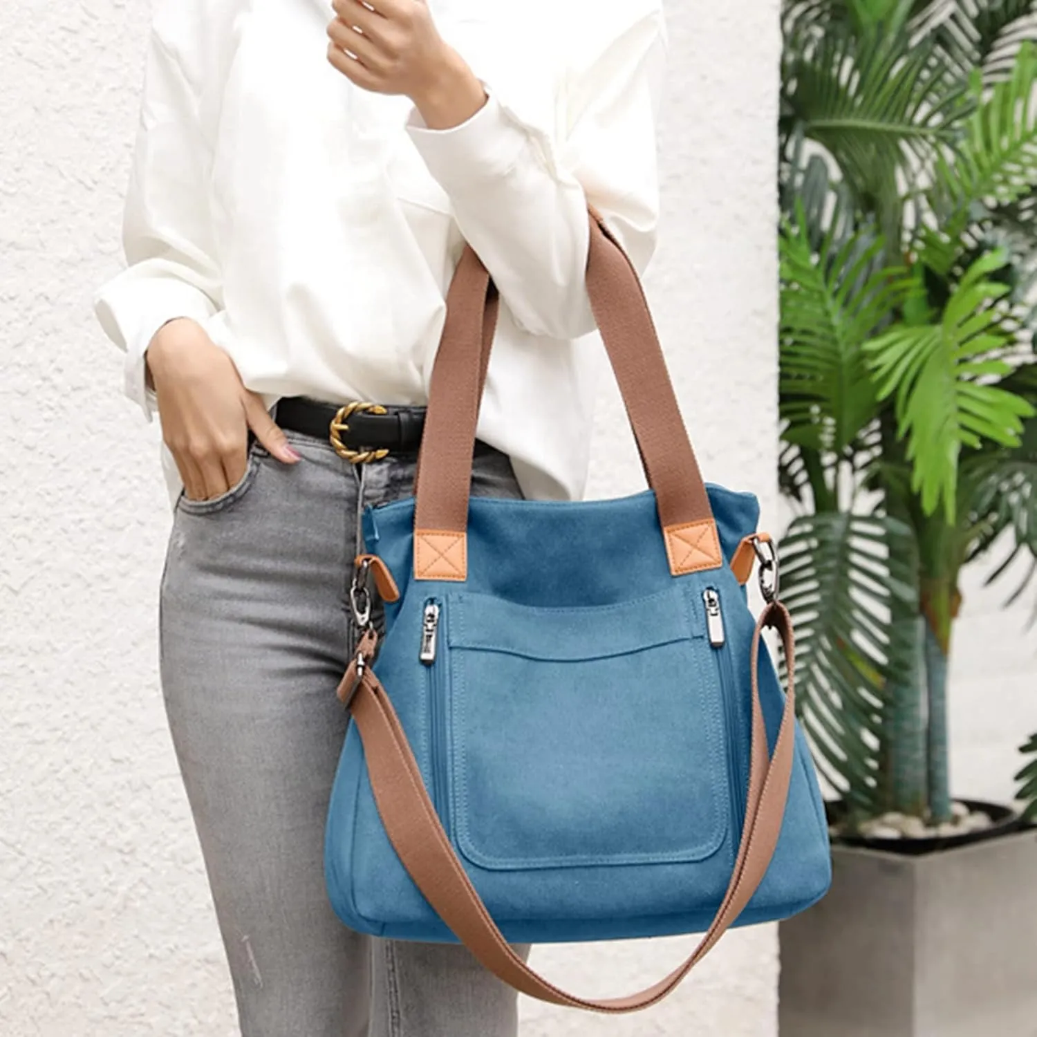 Sunshinejing Women's Canvas Tote Bag Work Shoulder Crossbody Bags Vintage Multi-pocket Handbags