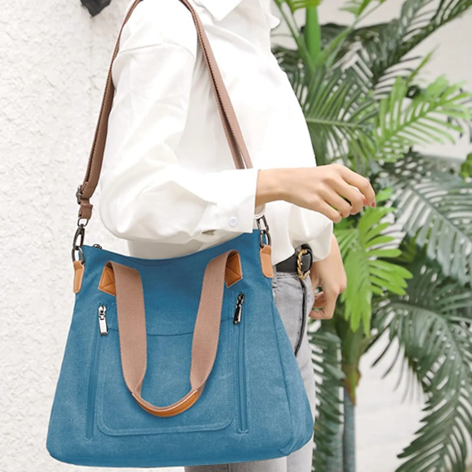 Sunshinejing Women's Canvas Tote Bag Work Shoulder Crossbody Bags Vintage Multi-pocket Handbags