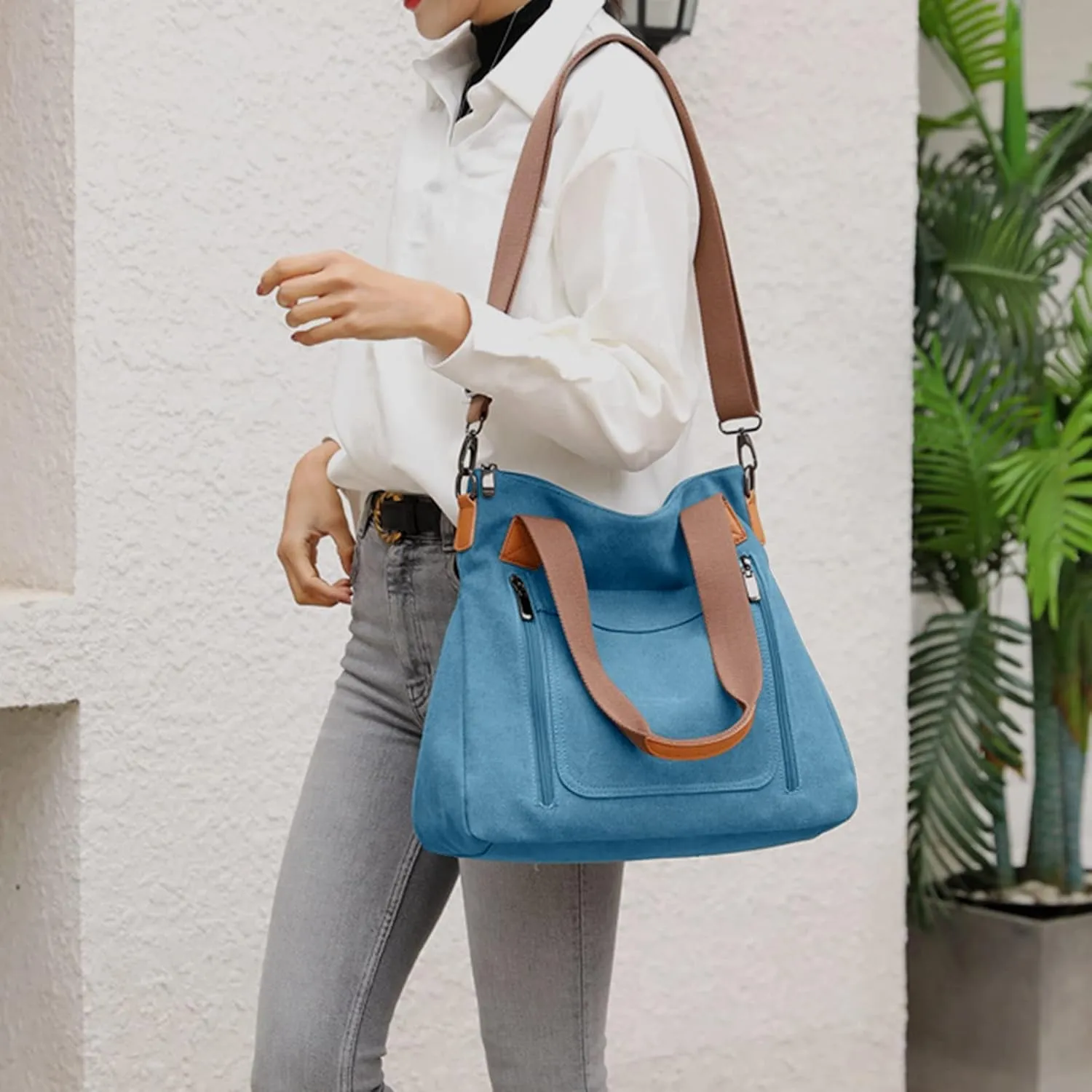 Sunshinejing Women's Canvas Tote Bag Work Shoulder Crossbody Bags Vintage Multi-pocket Handbags
