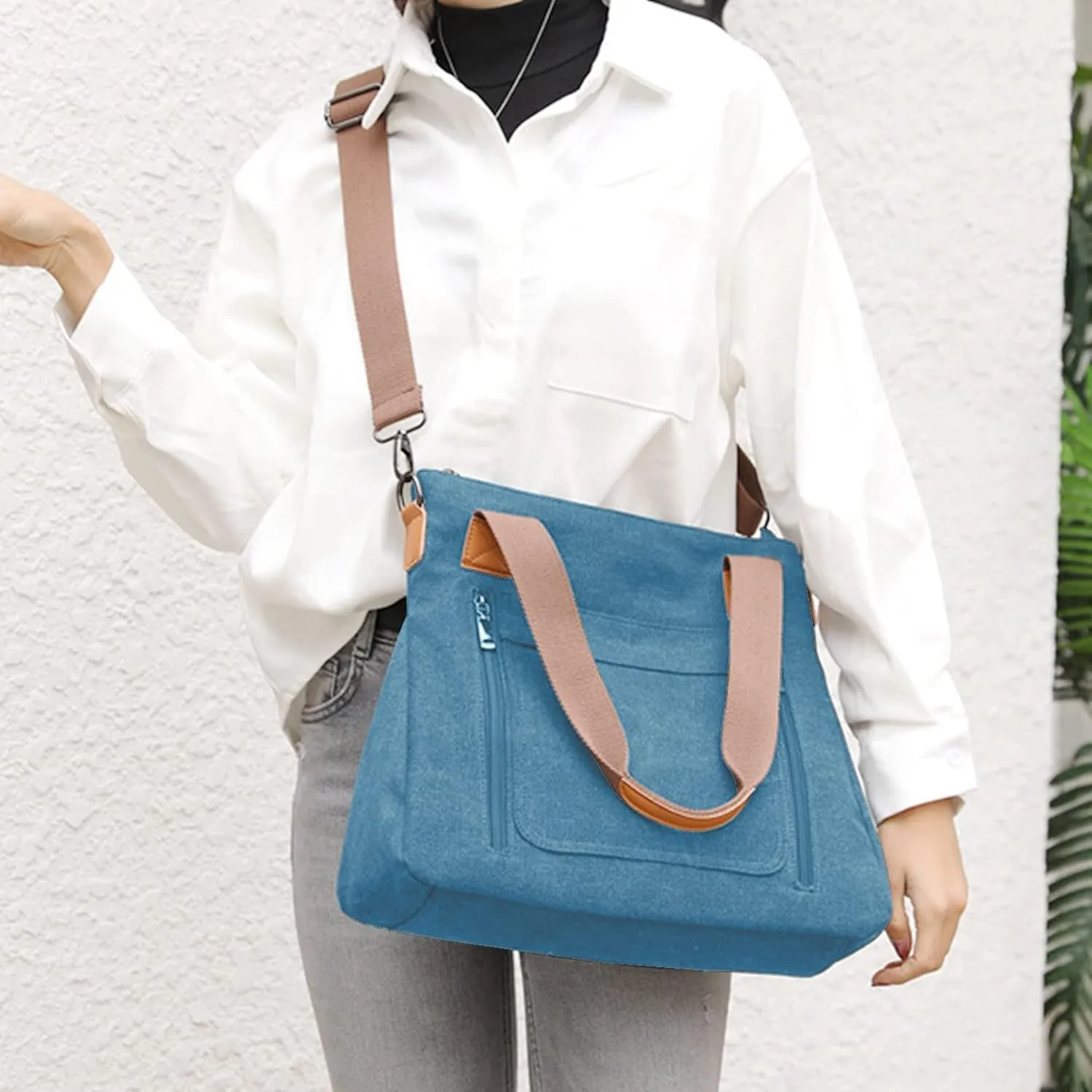 Sunshinejing Women's Canvas Tote Bag Work Shoulder Crossbody Bags Vintage Multi-pocket Handbags
