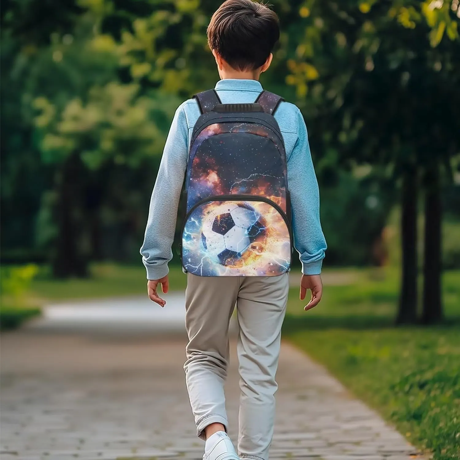 Suobstales Soccer Fire Lightning Galaxy Print Kids School Backpack for Teens Girls Boys Middle Primary School Bag Bookbag Laptop Backpack Travel Casual Daypack with Adjustable Strap