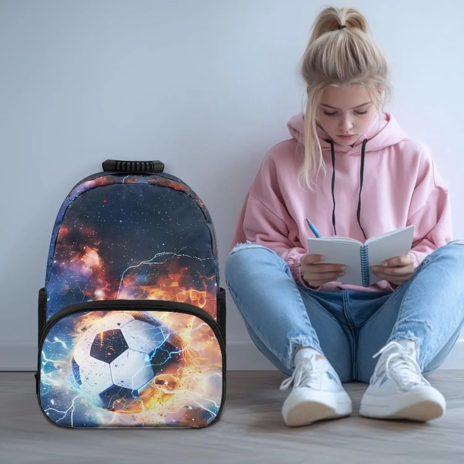 Suobstales Soccer Fire Lightning Galaxy Print Kids School Backpack for Teens Girls Boys Middle Primary School Bag Bookbag Laptop Backpack Travel Casual Daypack with Adjustable Strap