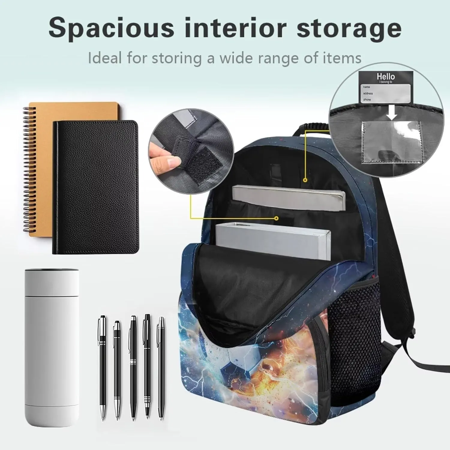 Suobstales Soccer Fire Lightning Galaxy Print Kids School Backpack for Teens Girls Boys Middle Primary School Bag Bookbag Laptop Backpack Travel Casual Daypack with Adjustable Strap