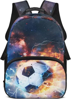 Suobstales Soccer Fire Lightning Galaxy Print Kids School Backpack for Teens Girls Boys Middle Primary School Bag Bookbag Laptop Backpack Travel Casual Daypack with Adjustable Strap