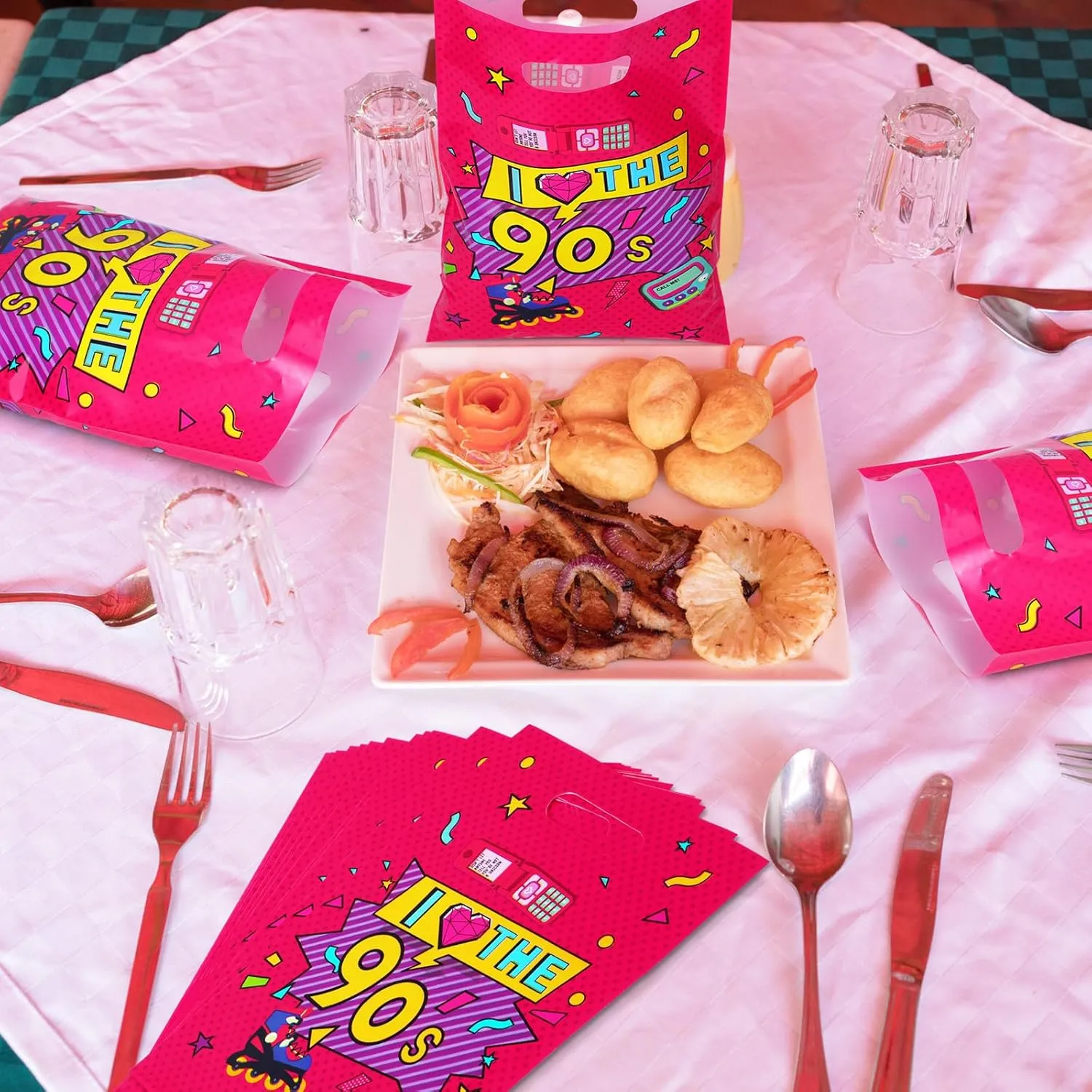 Supervitae 100 Pcs 90s Party Favors Bags Bulk 8 x 11.8 Inch Plastic Candy Cookies Treat Goody Bags with Handles for Birthday Theme Party Gift Decoration Favor Supplies
