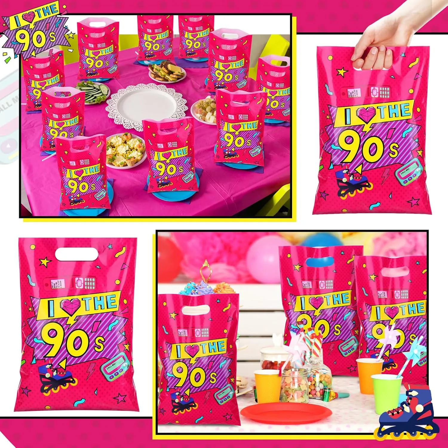 Supervitae 100 Pcs 90s Party Favors Bags Bulk 8 x 11.8 Inch Plastic Candy Cookies Treat Goody Bags with Handles for Birthday Theme Party Gift Decoration Favor Supplies