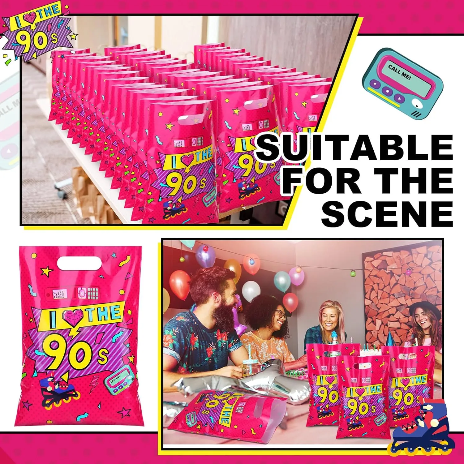 Supervitae 100 Pcs 90s Party Favors Bags Bulk 8 x 11.8 Inch Plastic Candy Cookies Treat Goody Bags with Handles for Birthday Theme Party Gift Decoration Favor Supplies