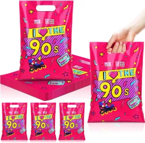 Supervitae 100 Pcs 90s Party Favors Bags Bulk 8 x 11.8 Inch Plastic Candy Cookies Treat Goody Bags with Handles for Birthday Theme Party Gift Decoration Favor Supplies