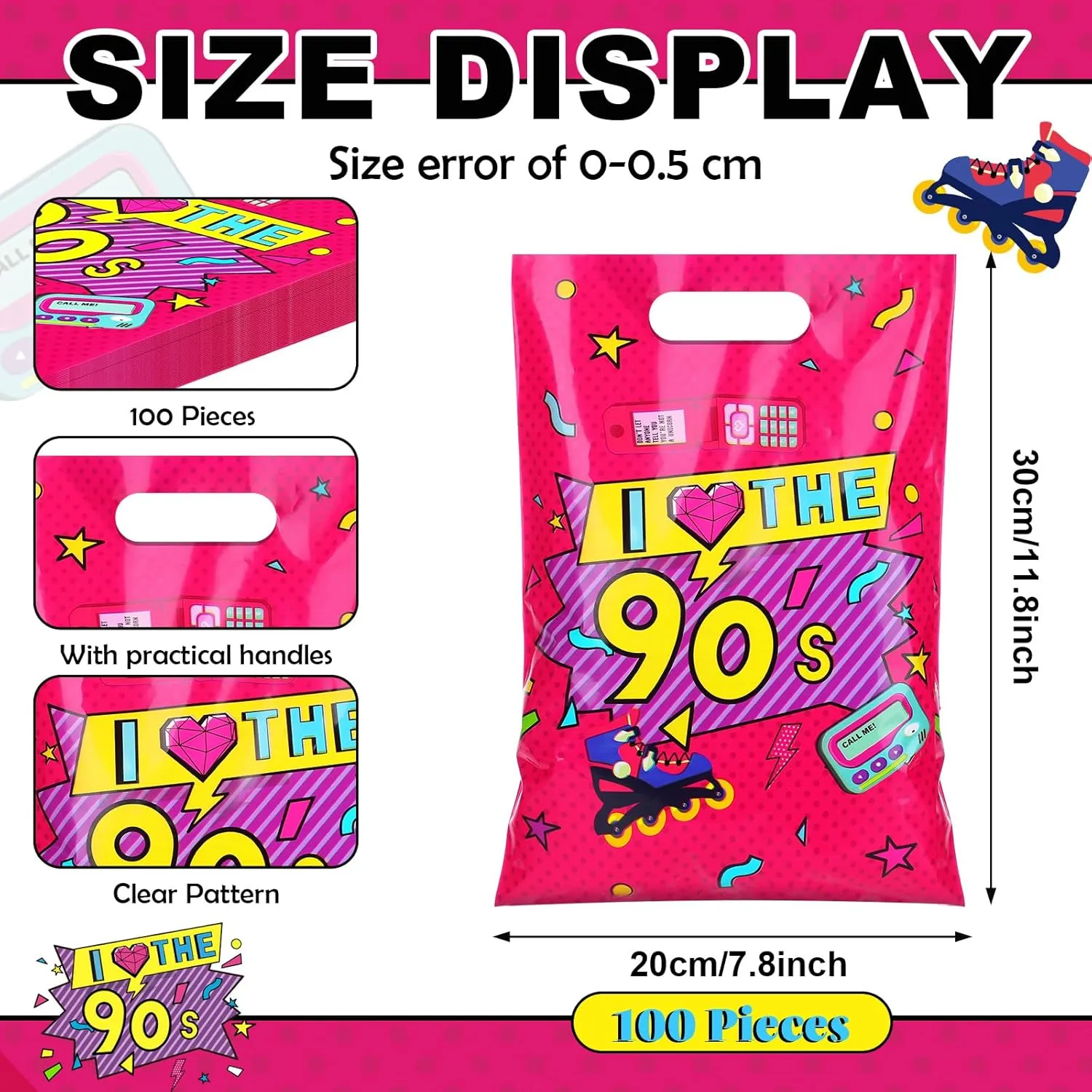 Supervitae 100 Pcs 90s Party Favors Bags Bulk 8 x 11.8 Inch Plastic Candy Cookies Treat Goody Bags with Handles for Birthday Theme Party Gift Decoration Favor Supplies