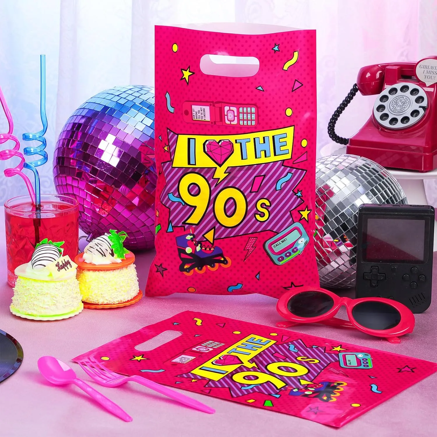 Supervitae 100 Pcs 90s Party Favors Bags Bulk 8 x 11.8 Inch Plastic Candy Cookies Treat Goody Bags with Handles for Birthday Theme Party Gift Decoration Favor Supplies