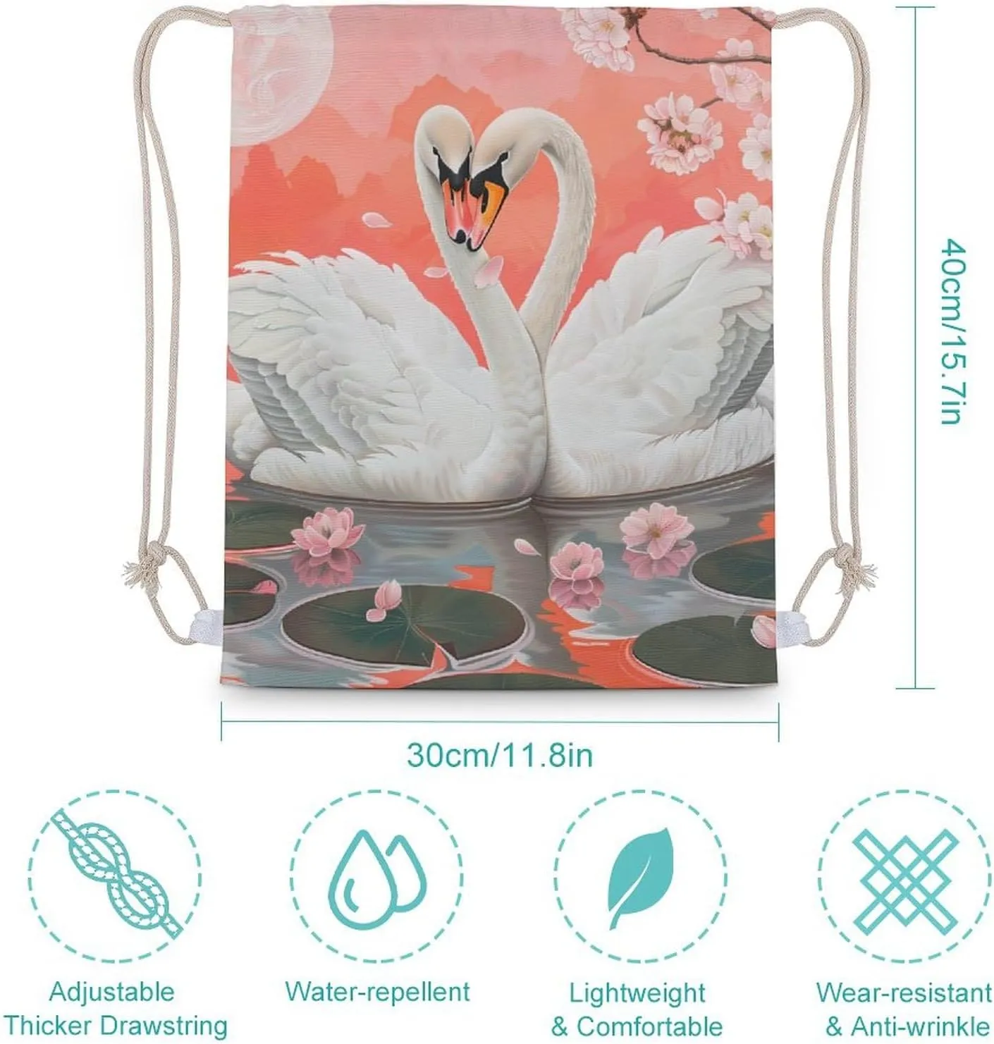 Swans Love in Lake Moon Drawstring Backpack Travel String Shoulder Bag Canvas Sport Sackpack for Gym Shopping Yoga