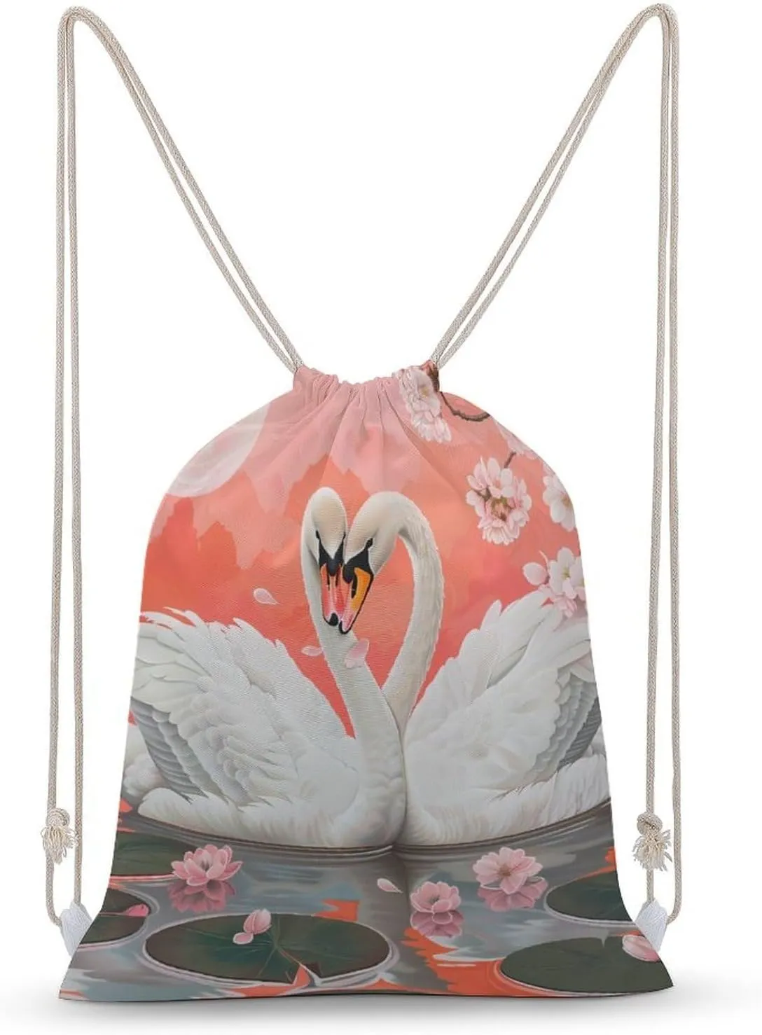 Swans Love in Lake Moon Drawstring Backpack Travel String Shoulder Bag Canvas Sport Sackpack for Gym Shopping Yoga