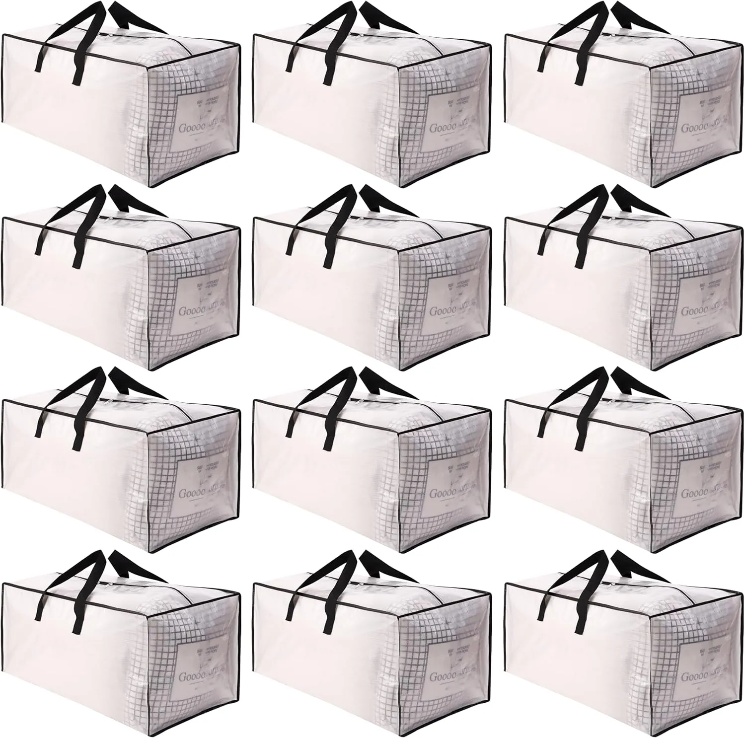 SWEET DOLPHIN 12 Pack Extra Large Moving Bags with Strong Zippers & Carrying Handles, Heavy Duty Storage Tote for Space Saving Moving Storage, Fold Flat, Alternative to Moving Box, Semi-Transparent