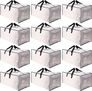SWEET DOLPHIN 12 Pack Extra Large Moving Bags with Strong Zippers & Carrying Handles, Heavy Duty Storage Tote for Space Saving Moving Storage, Fold Flat, Alternative to Moving Box, Semi-Transparent