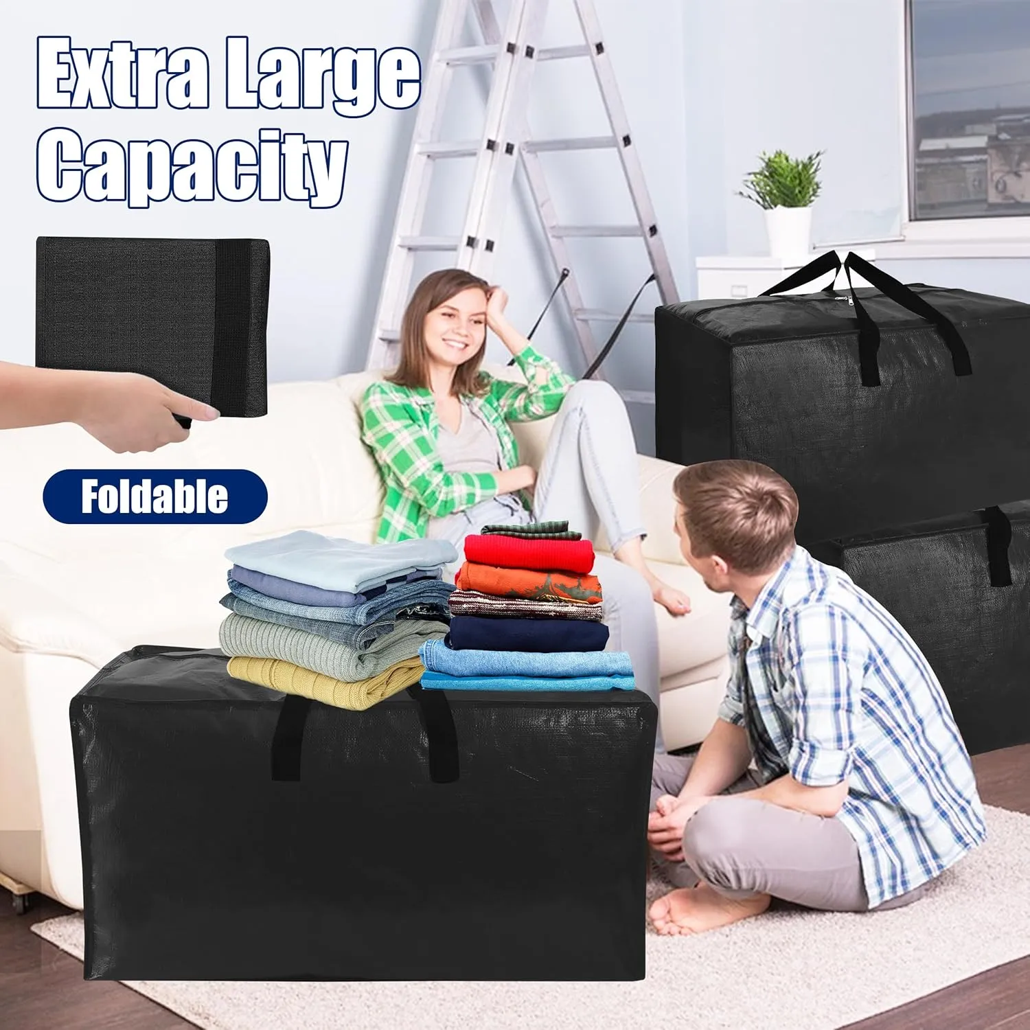 SWEET DOLPHIN 6 Pack Extra Large Moving Bags with Strong Zippers & Carrying Handles, Heavy Duty Storage Tote for Space Saving Moving Storage, Fold Flat, Alternative to Moving Box, Black