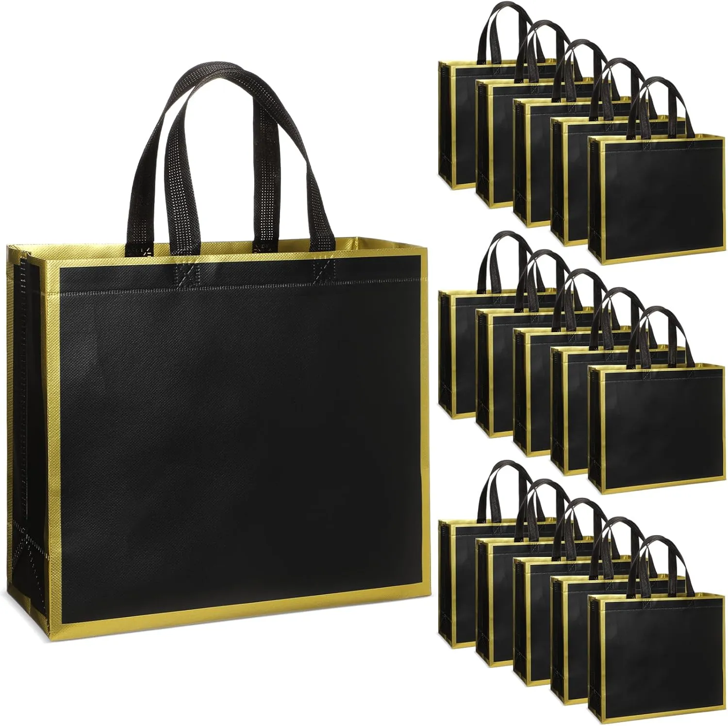 Sweetude 16 Pcs Reusable Gift Goodie Bags with Handles Non Woven Party Favor Shopping Tote Bags for Wedding Birthday Holiday Party Graduation Bridesmaid Gift(Black Gold,12 x 4.7 x 11 Inch)