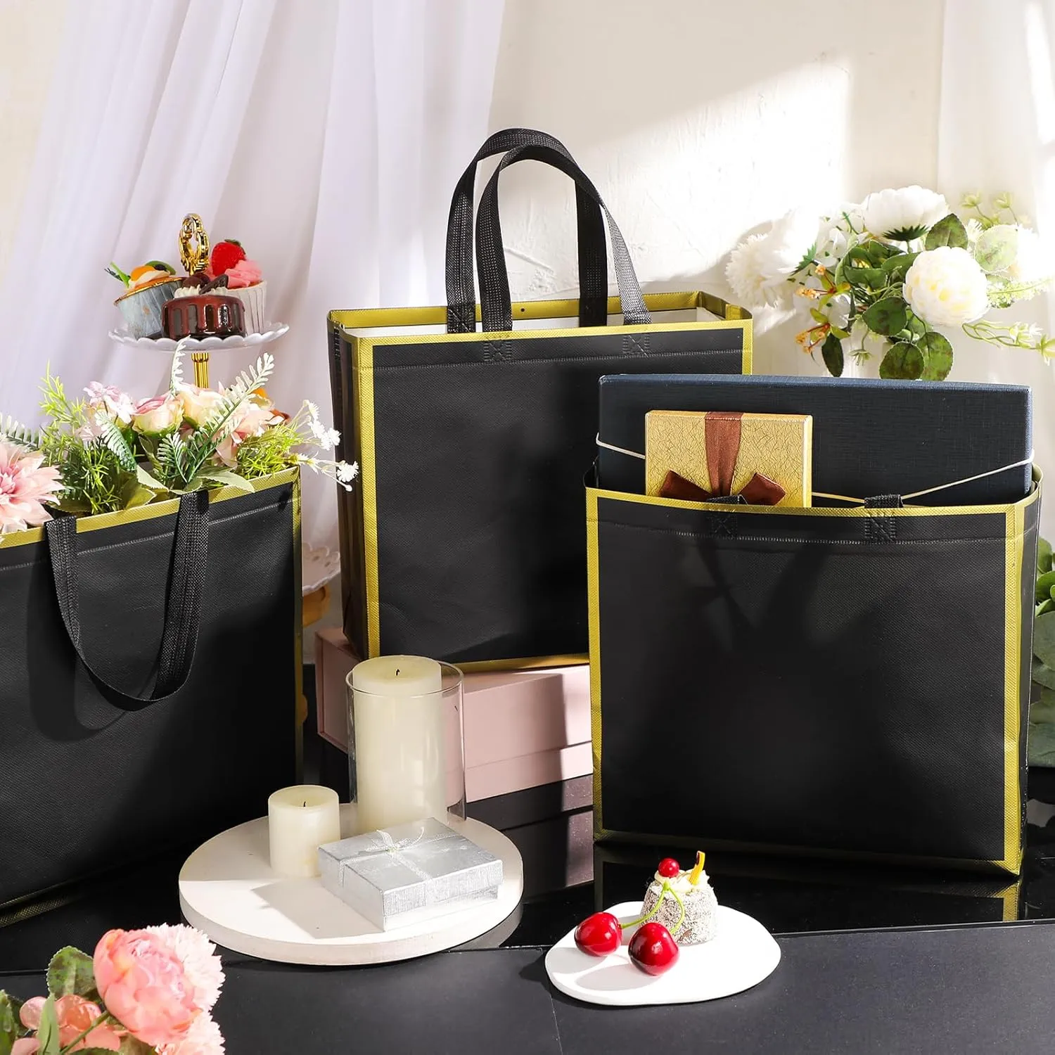 Sweetude 16 Pcs Reusable Gift Goodie Bags with Handles Non Woven Party Favor Shopping Tote Bags for Wedding Birthday Holiday Party Graduation Bridesmaid Gift(Black Gold,12 x 4.7 x 11 Inch)
