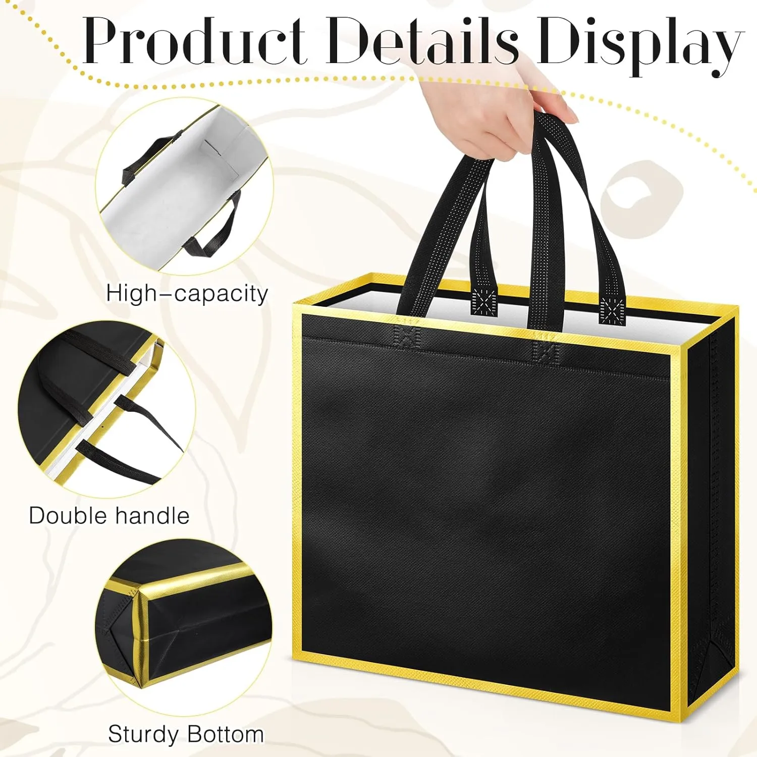 Sweetude 16 Pcs Reusable Gift Goodie Bags with Handles Non Woven Party Favor Shopping Tote Bags for Wedding Birthday Holiday Party Graduation Bridesmaid Gift(Black Gold,12 x 4.7 x 11 Inch)