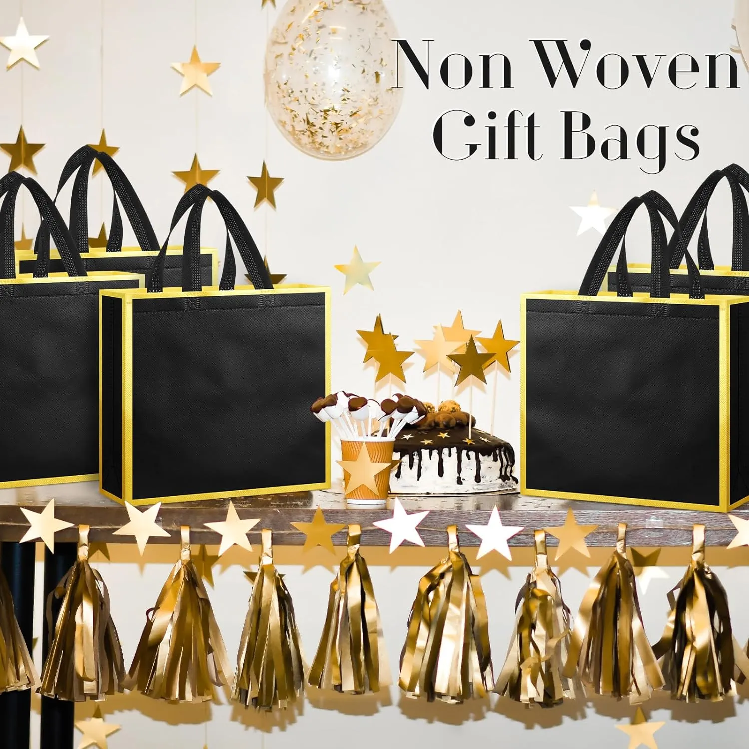 Sweetude 16 Pcs Reusable Gift Goodie Bags with Handles Non Woven Party Favor Shopping Tote Bags for Wedding Birthday Holiday Party Graduation Bridesmaid Gift(Black Gold,12 x 4.7 x 11 Inch)
