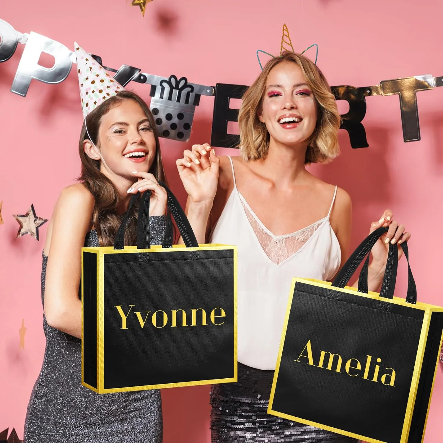 Sweetude 16 Pcs Reusable Gift Goodie Bags with Handles Non Woven Party Favor Shopping Tote Bags for Wedding Birthday Holiday Party Graduation Bridesmaid Gift(Black Gold,12 x 4.7 x 11 Inch)