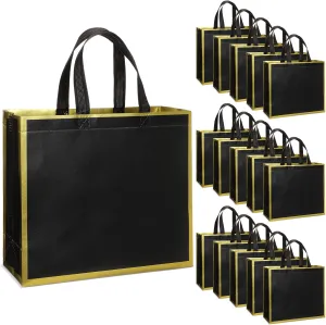Sweetude 16 Pcs Reusable Gift Goodie Bags with Handles Non Woven Party Favor Shopping Tote Bags for Wedding Birthday Holiday Party Graduation Bridesmaid Gift(Black Gold,12 x 4.7 x 11 Inch)