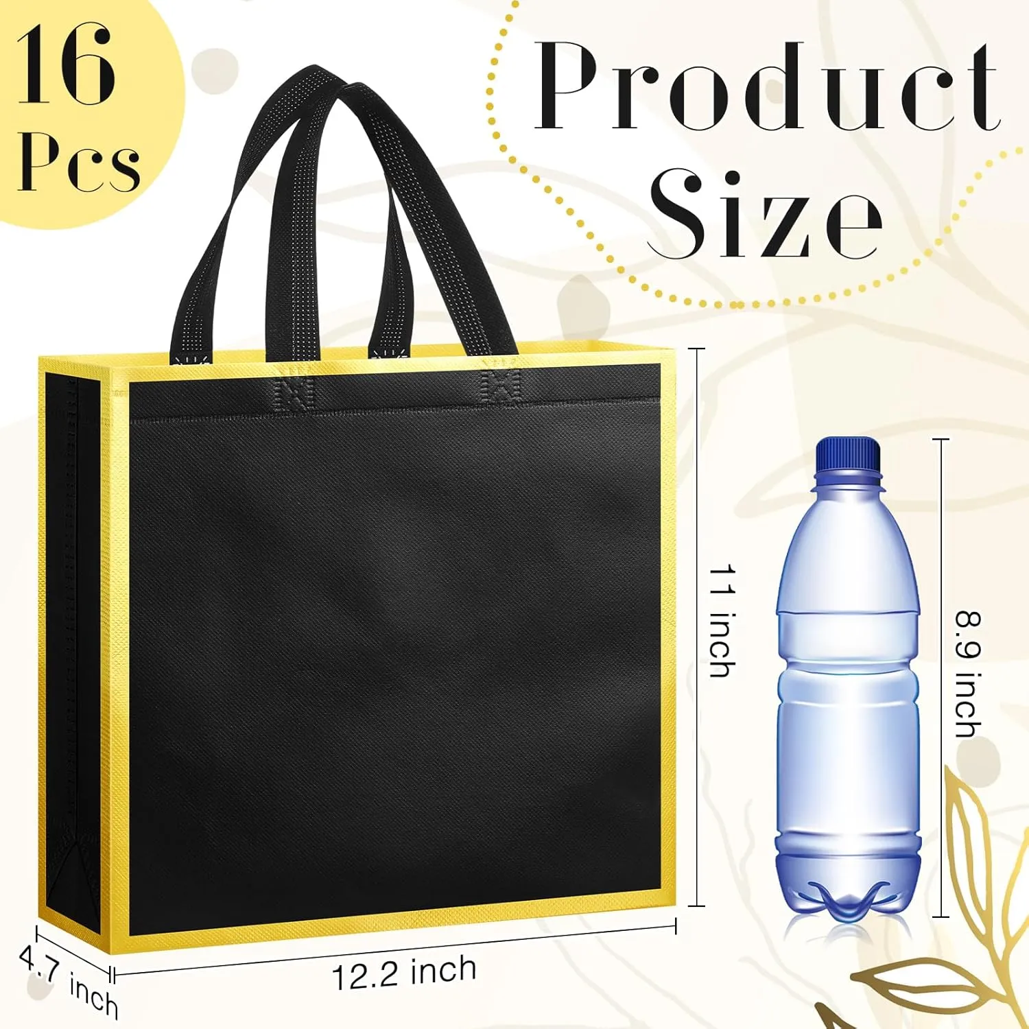 Sweetude 16 Pcs Reusable Gift Goodie Bags with Handles Non Woven Party Favor Shopping Tote Bags for Wedding Birthday Holiday Party Graduation Bridesmaid Gift(Black Gold,12 x 4.7 x 11 Inch)