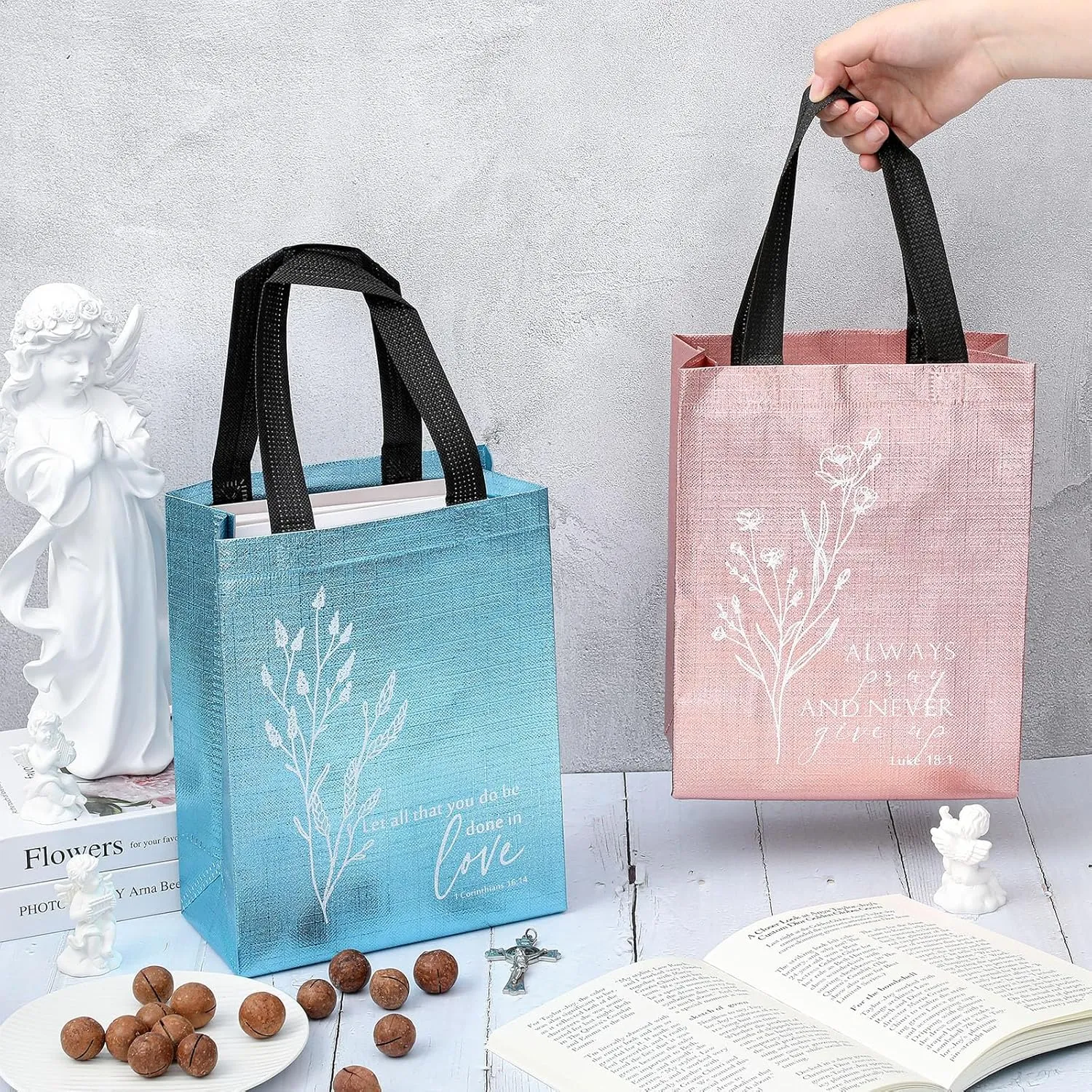 Sweetude 20 Pcs Father's Day Christian Gift Bags Bulk with Handle Inspirational Aesthetics Bible Gift Bag Reusable Non Woven Handbag for Nurse Family Church Sunday School(Mild Color)