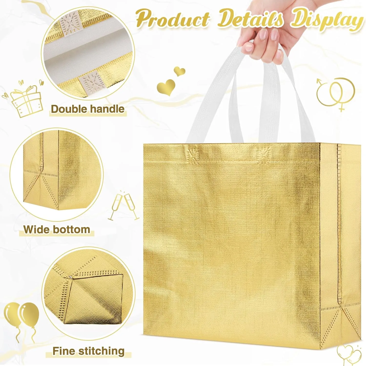 Sweetude 50 Pcs Reusable Gift Bags with Handles Grocery Gift Bags with Tissue Paper Glitter Shopping Bags for Present Birthday Wedding Party(Gold, 13 x 5 x 11 Inch)