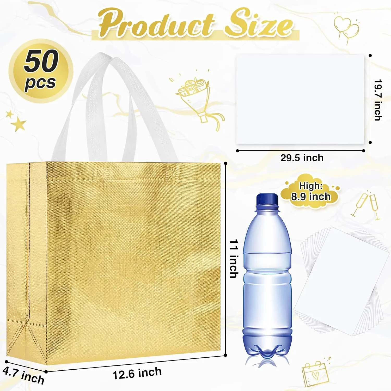 Sweetude 50 Pcs Reusable Gift Bags with Handles Grocery Gift Bags with Tissue Paper Glitter Shopping Bags for Present Birthday Wedding Party(Gold, 13 x 5 x 11 Inch)