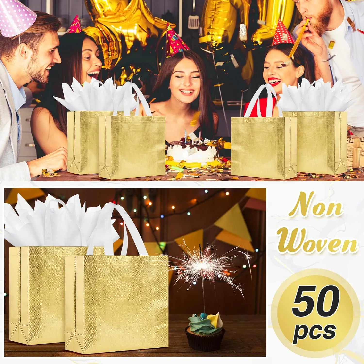 Sweetude 50 Pcs Reusable Gift Bags with Handles Grocery Gift Bags with Tissue Paper Glitter Shopping Bags for Present Birthday Wedding Party(Gold, 13 x 5 x 11 Inch)