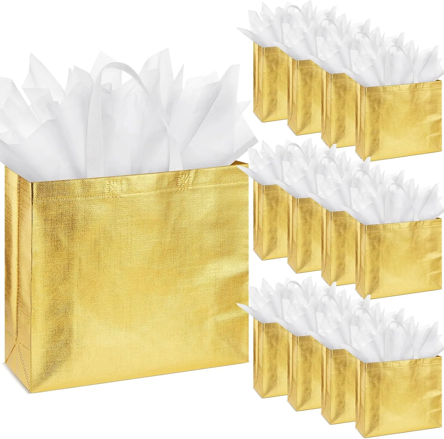Sweetude 50 Pcs Reusable Gift Bags with Handles Grocery Gift Bags with Tissue Paper Glitter Shopping Bags for Present Birthday Wedding Party(Gold, 13 x 5 x 11 Inch)