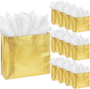 Sweetude 50 Pcs Reusable Gift Bags with Handles Grocery Gift Bags with Tissue Paper Glitter Shopping Bags for Present Birthday Wedding Party(Gold, 13 x 5 x 11 Inch)