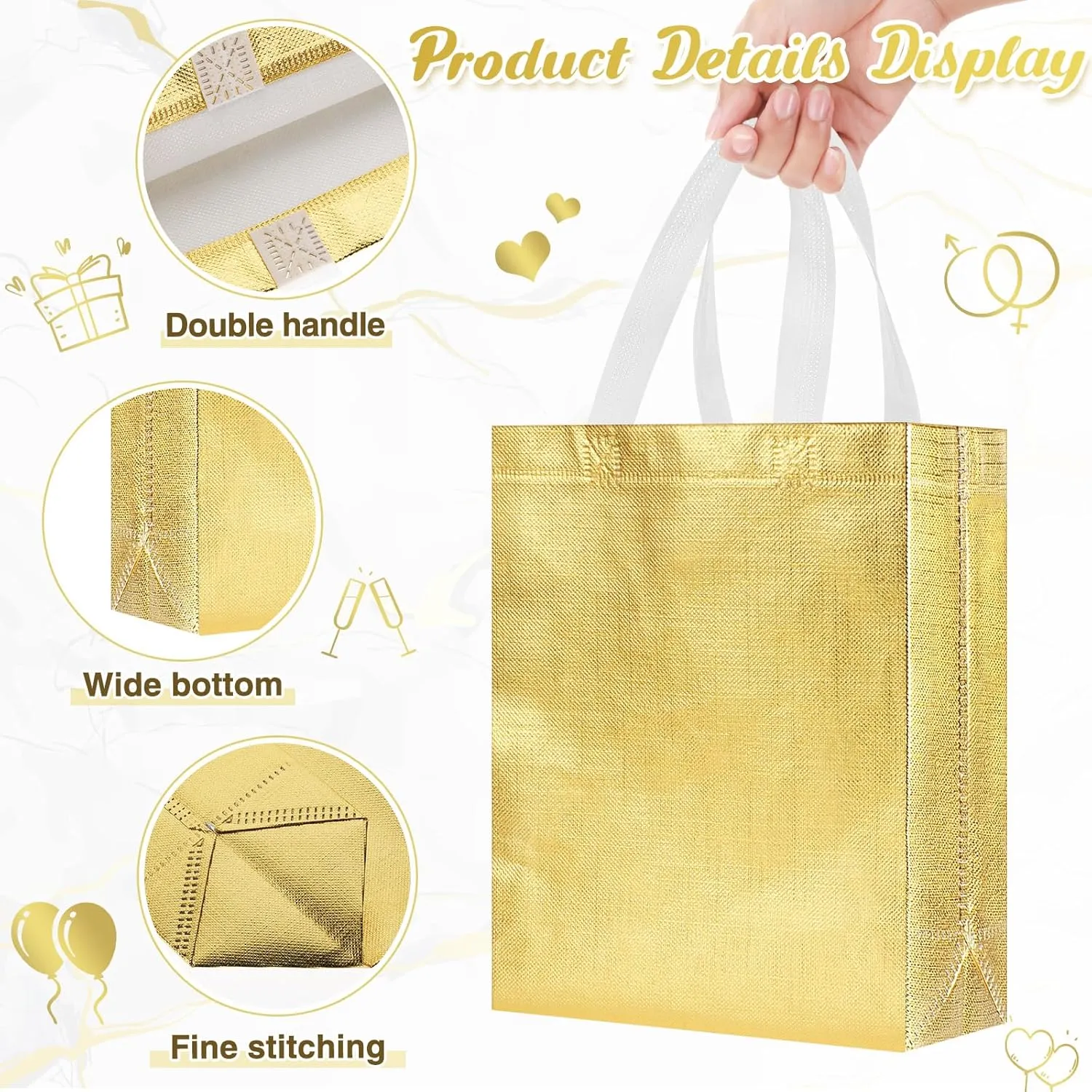 Sweetude 50 Pcs Reusable Gift Bags with Handles Grocery Gift Bags with Tissue Paper Glitter Shopping Bags for Present Birthday Wedding Party(Gold, 8 x 4 x 10 Inch)