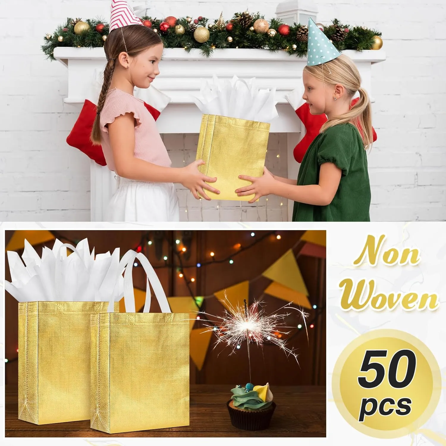 Sweetude 50 Pcs Reusable Gift Bags with Handles Grocery Gift Bags with Tissue Paper Glitter Shopping Bags for Present Birthday Wedding Party(Gold, 8 x 4 x 10 Inch)