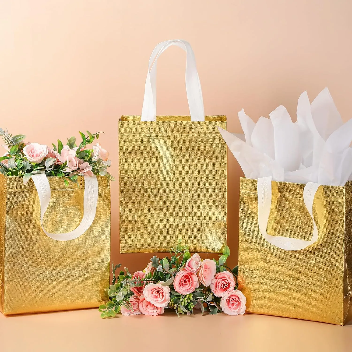 Sweetude 50 Pcs Reusable Gift Bags with Handles Grocery Gift Bags with Tissue Paper Glitter Shopping Bags for Present Birthday Wedding Party(Gold, 8 x 4 x 10 Inch)