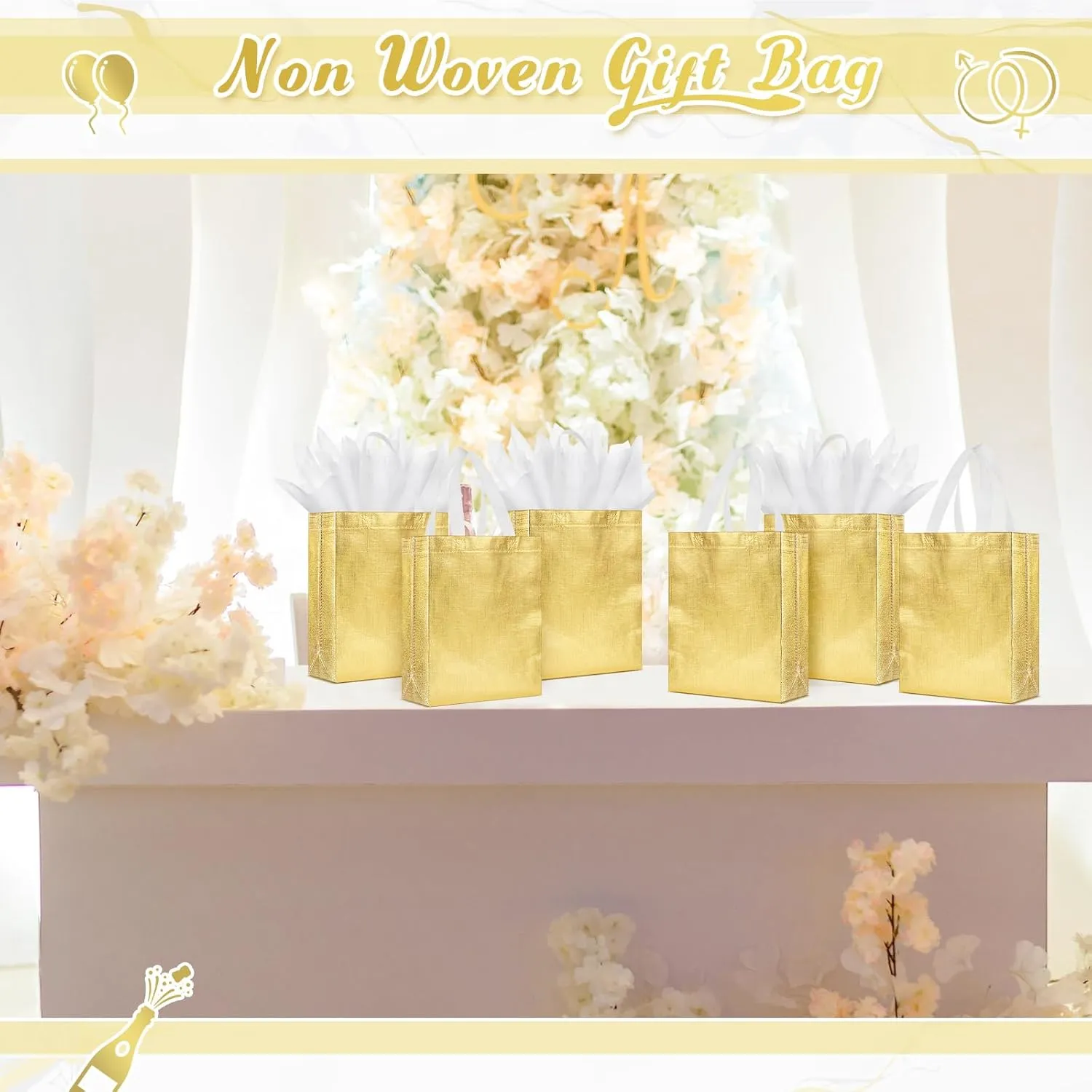 Sweetude 50 Pcs Reusable Gift Bags with Handles Grocery Gift Bags with Tissue Paper Glitter Shopping Bags for Present Birthday Wedding Party(Gold, 8 x 4 x 10 Inch)