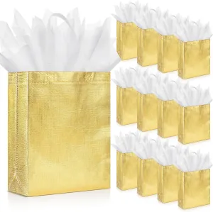 Sweetude 50 Pcs Reusable Gift Bags with Handles Grocery Gift Bags with Tissue Paper Glitter Shopping Bags for Present Birthday Wedding Party(Gold, 8 x 4 x 10 Inch)