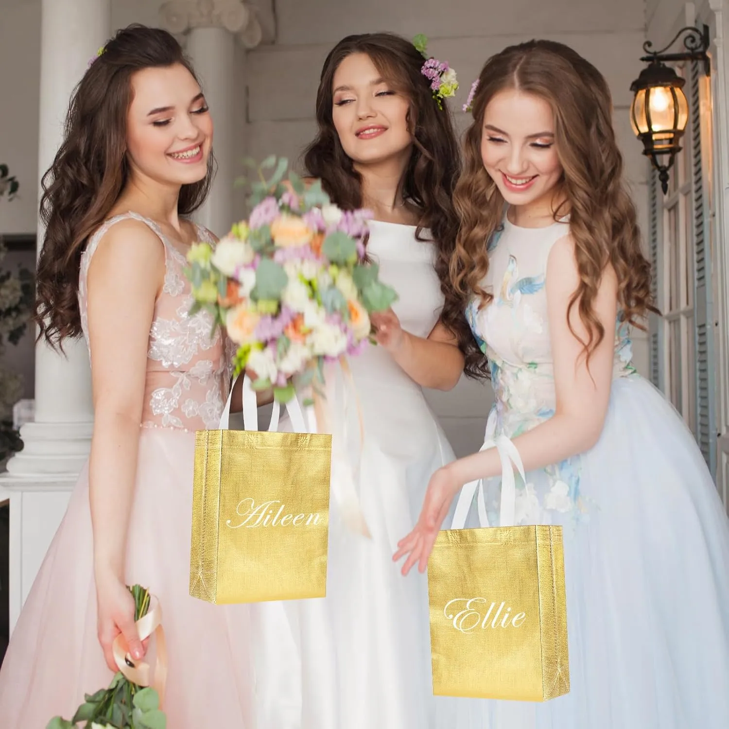 Sweetude 50 Pcs Reusable Gift Bags with Handles Grocery Gift Bags with Tissue Paper Glitter Shopping Bags for Present Birthday Wedding Party(Gold, 8 x 4 x 10 Inch)