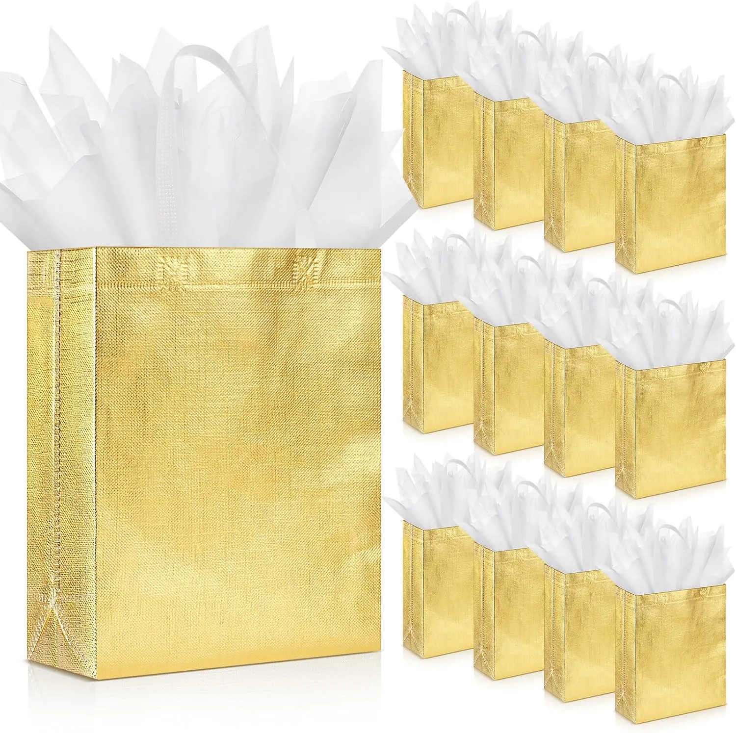 Sweetude 50 Pcs Reusable Gift Bags with Handles Grocery Gift Bags with Tissue Paper Glitter Shopping Bags for Present Birthday Wedding Party(Gold, 8 x 4 x 10 Inch)