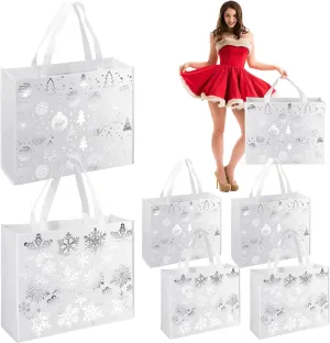 Sweetude 6 Pcs Extra Large Christmas Snowflake Gift Bag 16 x 13 Inch White and Silver Bags Metallic Silver Gift Bag for Women Reusable Christmas Tote Bags Non Woven Wrap Bag for Xmas Party Favor