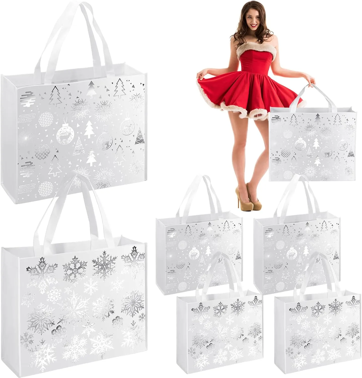 Sweetude 6 Pcs Extra Large Christmas Snowflake Gift Bag 16 x 13 Inch White and Silver Bags Metallic Silver Gift Bag for Women Reusable Christmas Tote Bags Non Woven Wrap Bag for Xmas Party Favor