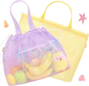 Tagitary Beach Toys Kids Beach Bag Tote with Drawstring,Yellow Purple Mesh Bag Travel Beach Essentials for Kids Swim Pool Gym Bag Camping Accessories Toys Storage Lightweight Foldable Birthday Gifts